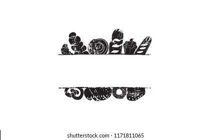 Frame with hand drawn bakery products. Vintage Template. Vector illustration.