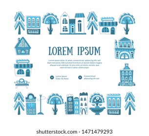 Frame with Hand Drawn Buildings and City Street Objects Banner Template with Space for Text Vector Illustration