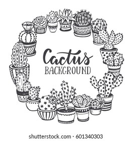 Frame with hand drawn cactus in sketch style. Beautiful black and white nature vector template.