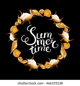 Frame with Hand Drawn Calligraphic Word "Summer time" on black background. Vector illustration.