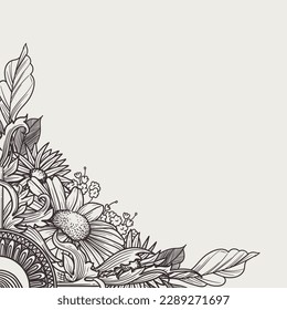 Frame of hand drawn flowers. Vector outlines illustration. Isolated on white background