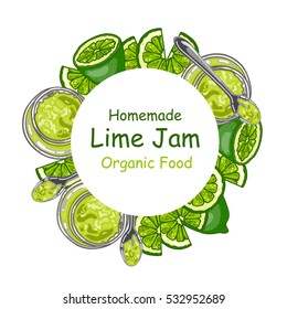 Frame with hand drawn lime jam and slices of lime, vector illustration