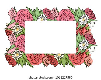 Frame of hand drawn roses and chamomiles with a place under the text. Vector template for invitations, cards, letters and your design.