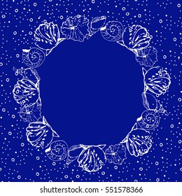 Frame with hand drawn shells. Vector. Template for cards, prints, invitations, quotes, posters and more.