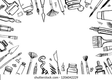 Frame with hand drawn sketch vector artist materials. Black and white stylized illustration with painting and drawing tools. Brushes, tubes, pens and pencils isolated on white background