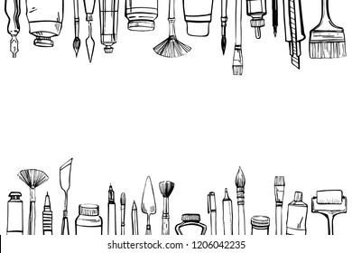 Frame and hand drawn sketch vector artist materials top   bottom  Black   white illustration and painting   drawing tools  Brushes  tubes  pens   pencils isolated white background