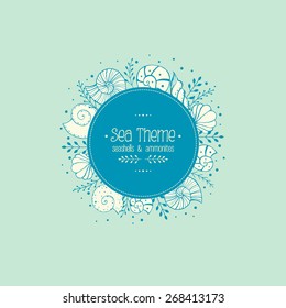 Frame with hand drawn sketches sea shells and ammonites. Vector illustrations