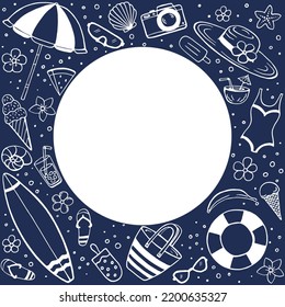 Frame hand drawn summer beach. Sea and ocean design template. Vector card templates.