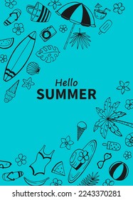 Handgezeichneter Sommerstrand. Design-Vorlage für Meer und Ozean. Vektorkartenvorlagen.