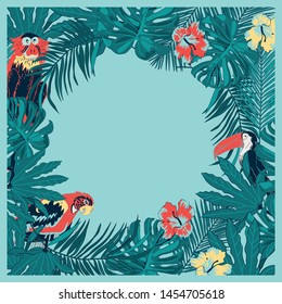 frame with hand drawn tropical leaves, flowers and animals. illustration vintage border for text wedding invitation, holiday poster, card