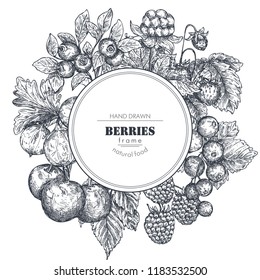 Frame with hand drawn vector berries in sketch style. Round border composition. Strawberry, cherry, raspberry, gooseberry, blackberry, cloudberry, cranberry blueberry.
