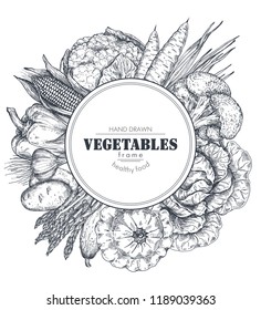 Frame with hand drawn vector farm vegetables in sketch style. Round border composition. Tomato, onion, cabbage, pepper, pumpkin, corn. Organic graphic vegetarian objects for restaurant menu.