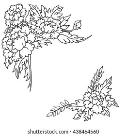 Frame hand drawn in vector vintage decorative antique  with peony on a white background. Border retro floral design in art Deco style. 