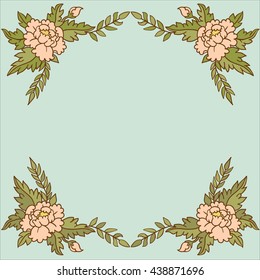 Frame hand drawn in vector vintage decorative antique with peony on a white background. Border retro floral design in art Deco style. Romantic  frame with flowers. 