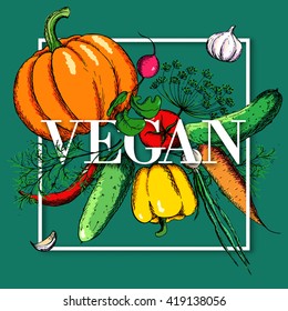 frame with hand drawn vegetables. can be used for t-shirt design, print, card. vector illustration