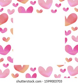 Frame of hand painted watercolor hearts.