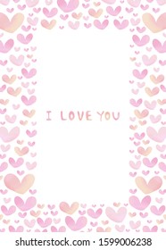 Frame of hand painted watercolor hearts.