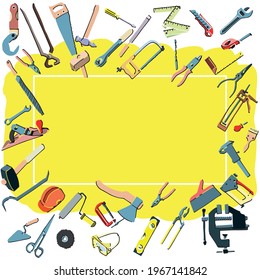 frame with hand tools on yellow background