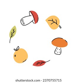 Frame of hand-drawn autumn plants, mushrooms