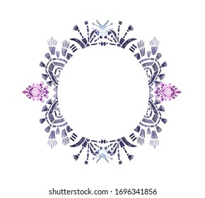 Frame with hand-drawn ikat motif ornament. Vector card decor. Isolated circular ornate