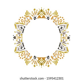 Frame with hand-drawn ikat motif ornament.Vector card decor. Isolated circular ornate