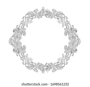 Frame with hand-drawn indian motif ornament. Vector card decor. Isolated circular ornate.