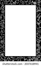 Frame of hand-drawn objects in white on a feminine theme on a black background