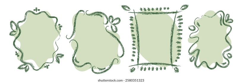 Сrayon frame with hand-drawn pastel flower with leaves illustration. Pencil lines, green plant shape, elegant vector border. Spring colors and nature elements with chalk texture in handwritten design