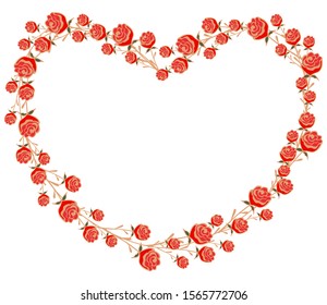 Frame of hand-drawn roses in the shape of a heart on a white background. For Valentine's Day, wedding invitations, text, flyers, cards, banners, etc. Vector.