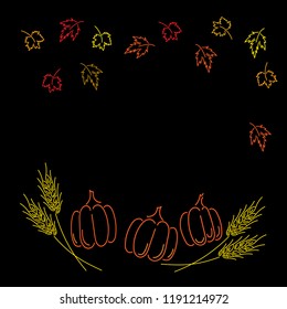 Frame with hand-drawn  wheat ears, pumpkins, leaves.  Vector.