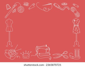 Frame Handmade, set with sewing elements. Sewing machine, threads, needles, mannequin, scissors. Black and white Vector illustration in doodle style. Background isolated. 	