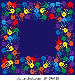 Frame with handprints on a blue background