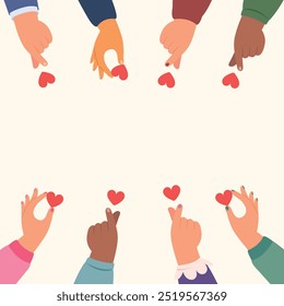 Frame of hands with heart, heart finger. Hand made mini heart shape. Cute finger hearth gesture.