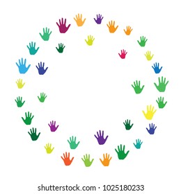 Frame of hands, palms isolated on white vector background graphic design. Colorful handprints, symbols of working together, collaboration. Art therapy concept. Human hands prints in paint.