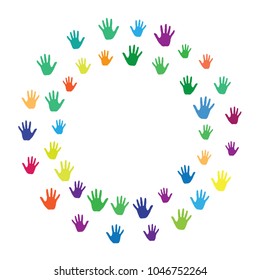 Frame of hands, palms isolated on white vector background graphic design. Colorful handprints, symbols of working together, cooperation. Art therapy concept. Children hands prints in bright paint.