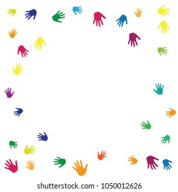 Frame of hands, palms isolated on white vector background graphic design. Colored handprints, symbols of friendship, teamwork, cooperation and partnership. Children hands prints in bright paint.