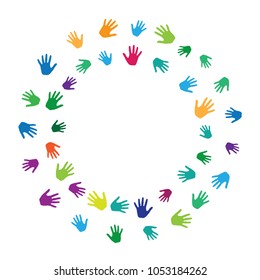 Frame of hands, palms isolated on white vector background graphic design. Colored handprints, symbols of friendship, teamwork. Art therapie concept. Volunteer person hands prints in paint.