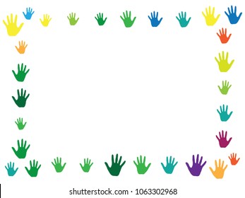 Frame of hands, palms isolated on white vector background graphic design. Colored handprints, symbols of friendship, teamwork, cooperation and partnership. Volunteer person hands prints in paint.