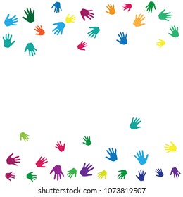 Frame of hands, palms isolated on white vector background graphic design. Colorful handprints, symbols of volunteering, helping people. Art therapy concept. Children hands prints in bright paint.