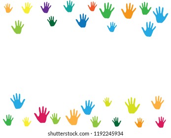 Frame of hands, palms isolated on white vector background graphic design. Multicolored handprints, symbols of friendship, teamwork. Art therapy concept. Human hands prints in paint.