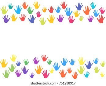 Frame of hands, palms isolated on white vector background illustration. Multicolored handprints - symbols of friendship, teamwork, cooperation and partnership. Cartoon children hands prints in paint.