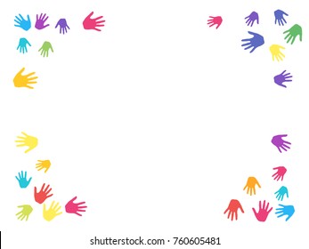 Frame of hands, palms isolated on white vector background illustration. Multicolored handprints - symbols of friendship, teamwork, cooperation and partnership. Cartoon children hands prints in paint.