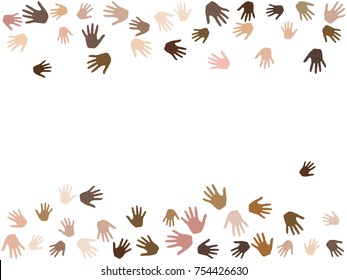 Frame of hands with skin color diversity vector background. Cohesion concept icons, social, national, racial issues symbols. Hand prints, human palms - friendship, help, support, teamwork concept.