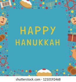 Frame with Hanukkah holiday flat design icons with text in english "Happy Hanukkah". Template with space for text, isolated on background.