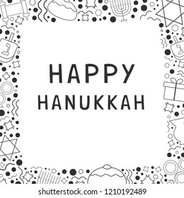 Frame with Hanukkah holiday flat design black thin line icons with text in english "Happy Hanukkah". Template with space for text, isolated on background.