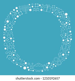 Frame with Hanukkah holiday flat design white thin line icons. Template with space for text, isolated on background.