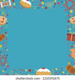 Frame with Hanukkah holiday flat design icons. Template with space for text, isolated on background.