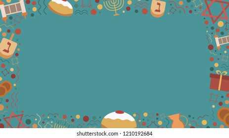 Frame with Hanukkah holiday flat design icons. Template with space for text, isolated on background.