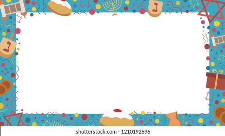 Frame with Hanukkah holiday flat design icons. Template with space for text, isolated on background.