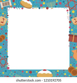 Frame with Hanukkah holiday flat design icons. Template with space for text, isolated on background.
